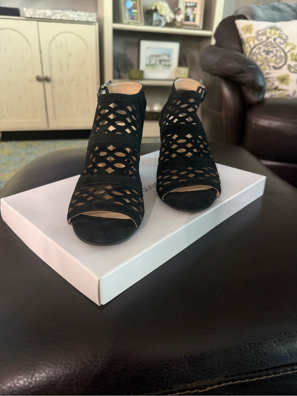Unisa Black Laser-Cut Peep-Toe Heels